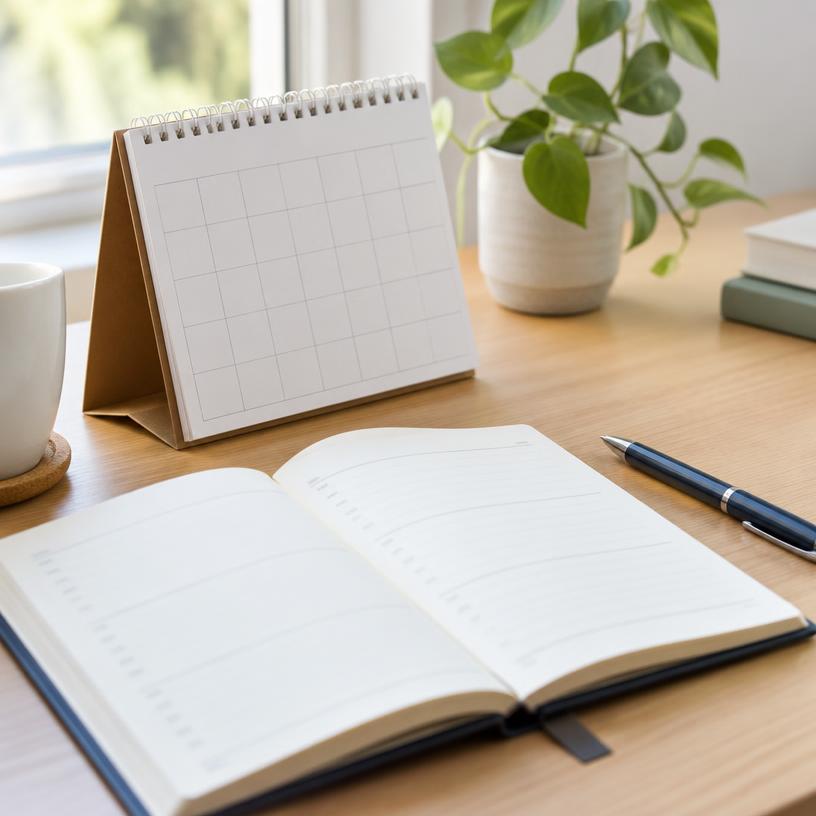 A desk calendar and open planner on a tidy desk