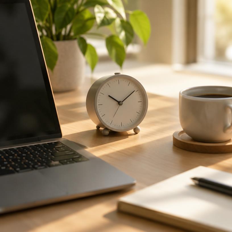 A desk clock beside a laptop in morning light