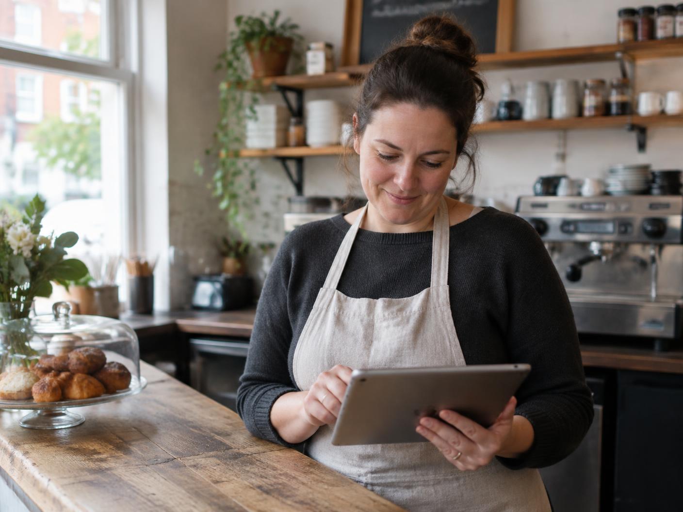A coffee shop owner reviewing her business accounts on a tablet