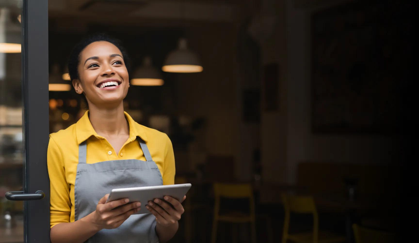 A smiling small business owner holding a tablet